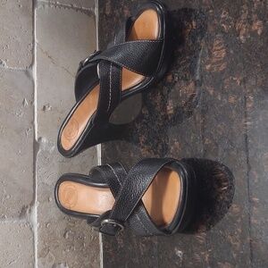Nurture Serra Black Leather Strappy 3" Heel Slip on Sandals